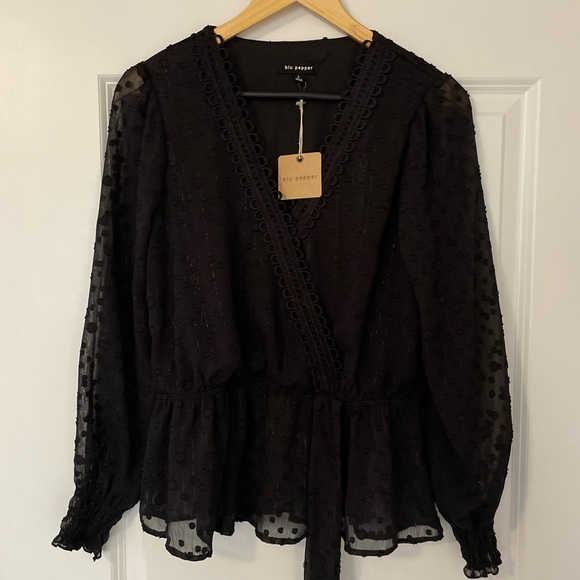 NWT Vici Blu Pepper Black Swiss Dot Faux Wrap Blouse Top with sheer sleeves - Picture 4 of 7